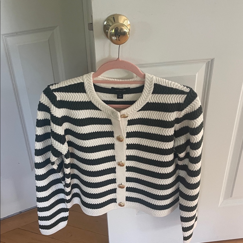 Ann Taylor dark green and Cream Striped Sweater with Gold Accents
